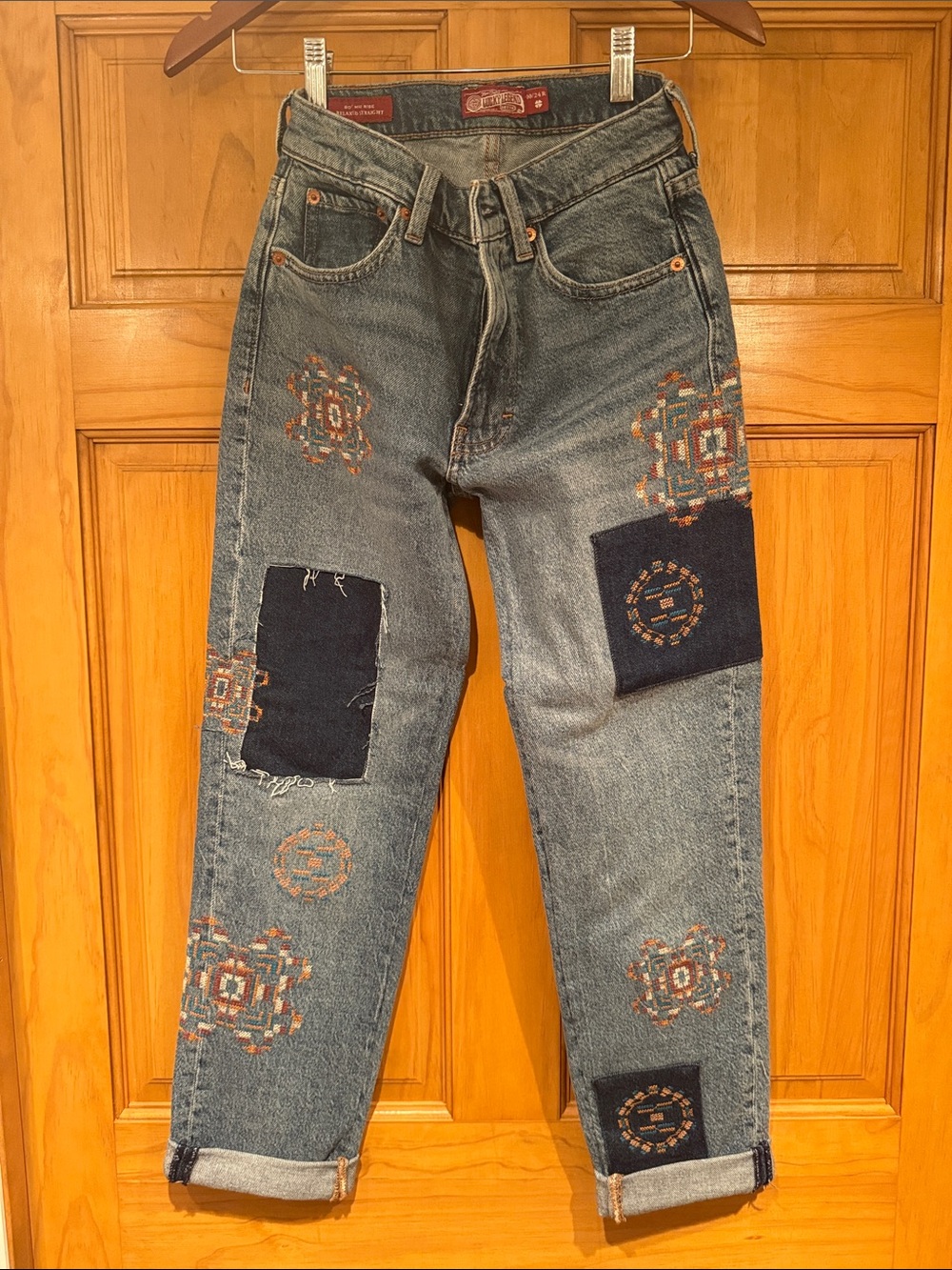 Lucky Brand Denim Straight-Leg Jeans with Embroidered Motifs and Dark Patchwork